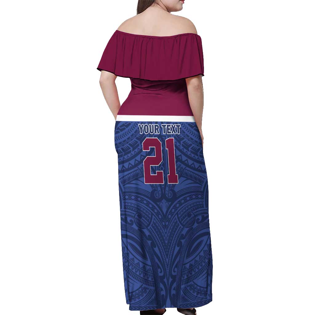 Queensland Samoa Custom Off Shoulder Maxi Dress Maroon-Blue Pacific Polynesian Tribal Pattern