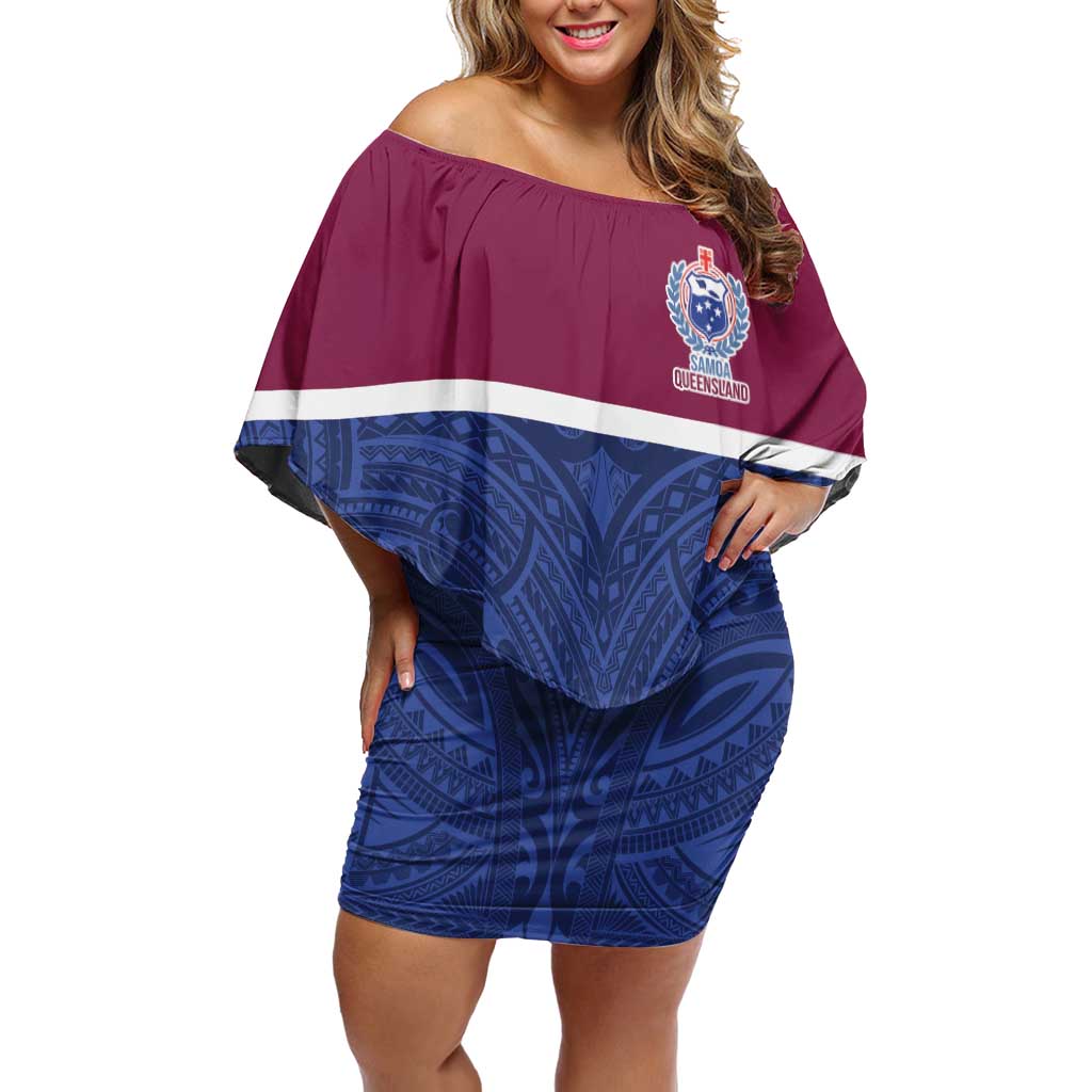 Queensland Samoa Custom Off Shoulder Short Dress Maroon-Blue Pacific Polynesian Tribal Pattern