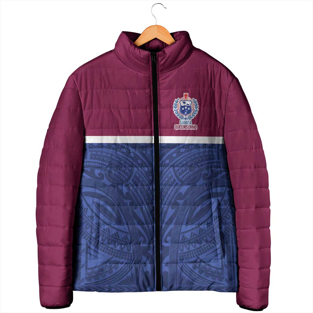 Queensland Samoa Custom Padded Jacket Maroon-Blue Pacific Polynesian Tribal Pattern - Polynesian Pride