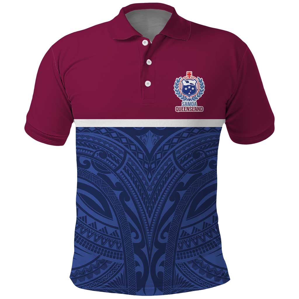 Queensland Samoa Custom Polo Shirt Maroon-Blue Pacific Polynesian Tribal Pattern
