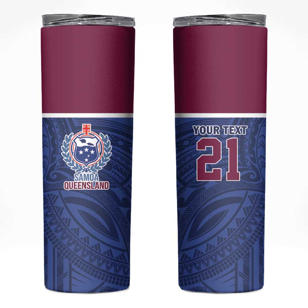 Queensland Samoa Custom Skinny Tumbler Maroon-Blue Pacific Polynesian Tribal Pattern LT9 Dark Blue - Polynesian Pride