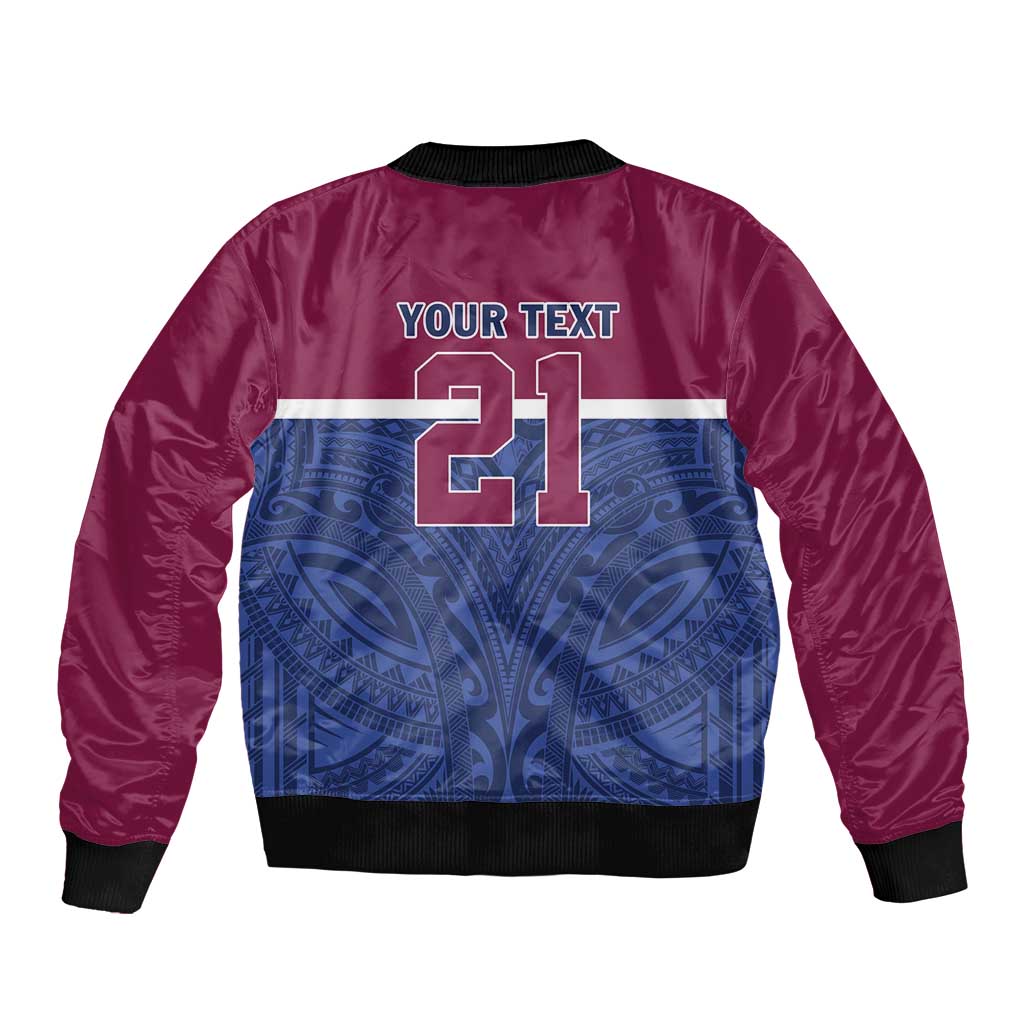Queensland Samoa Custom Sleeve Zip Bomber Jacket Maroon-Blue Pacific Polynesian Tribal Pattern