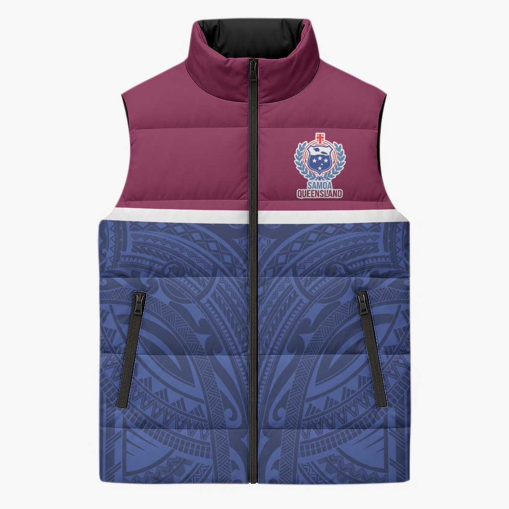 Queensland Samoa Custom Sleeveless Puffer Jacket Maroon-Blue Pacific Polynesian Tribal Pattern - Polynesian Pride