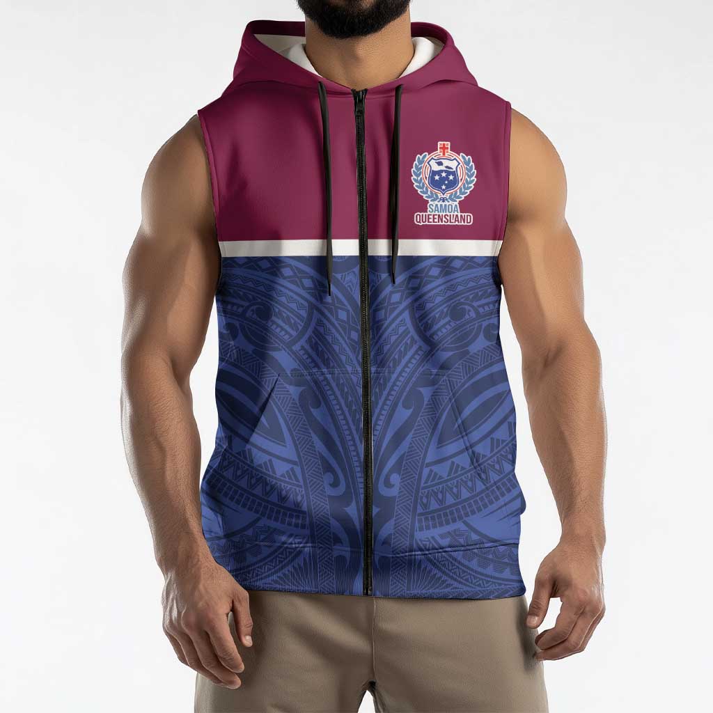 Queensland Samoa Custom Sleeveless Zip Hoodie Maroon-Blue Pacific Polynesian Tribal Pattern LT9 - Polynesian Pride