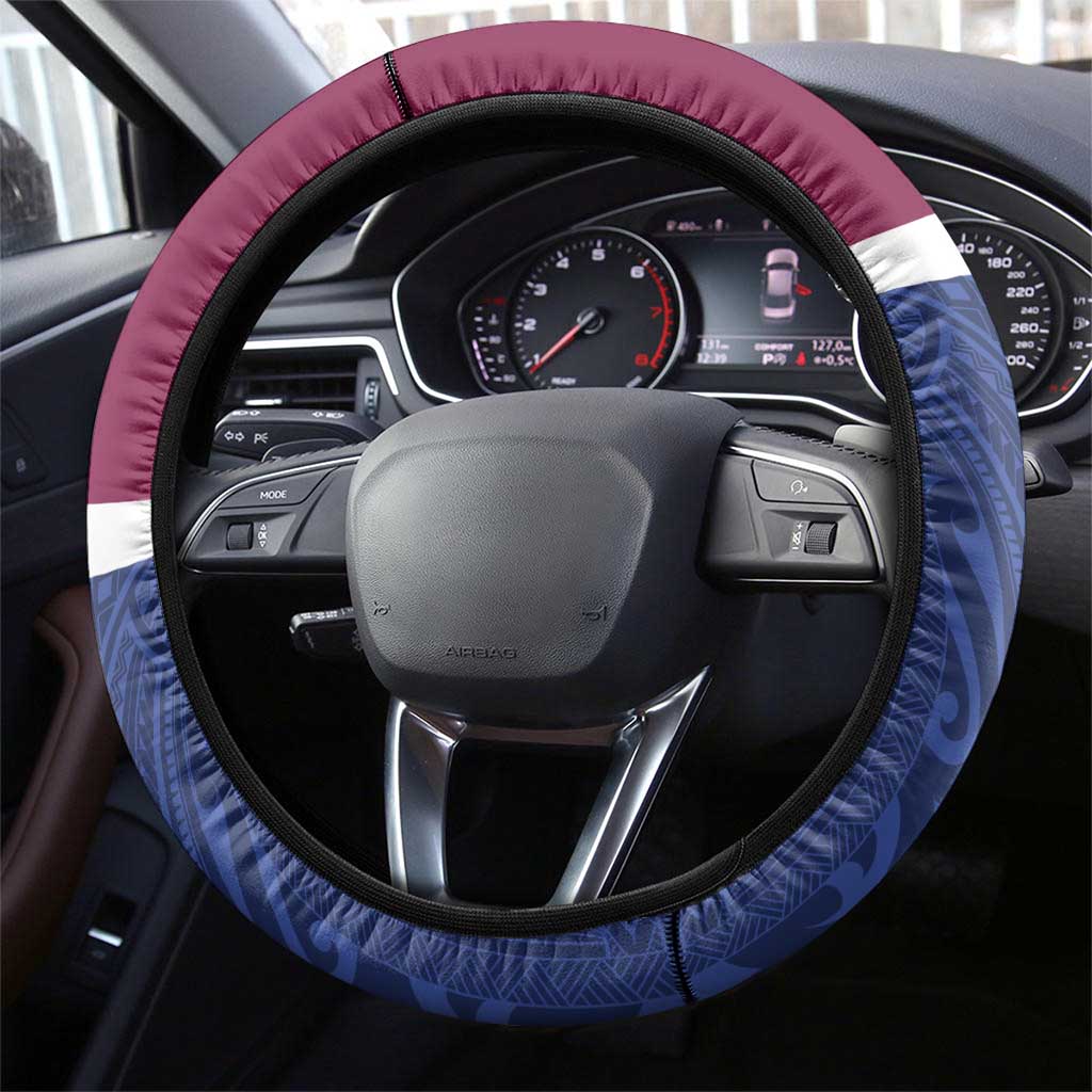 Queensland Samoa Steering Wheel Cover Maroon-Blue Pacific Polynesian Tribal Pattern