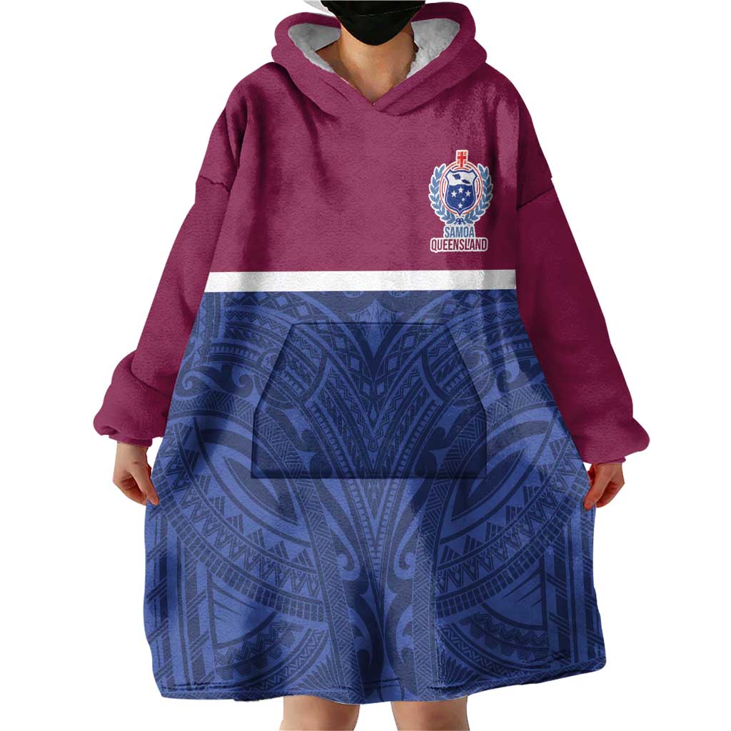 Queensland Samoa Custom Wearable Blanket Hoodie Maroon-Blue Pacific Polynesian Tribal Pattern