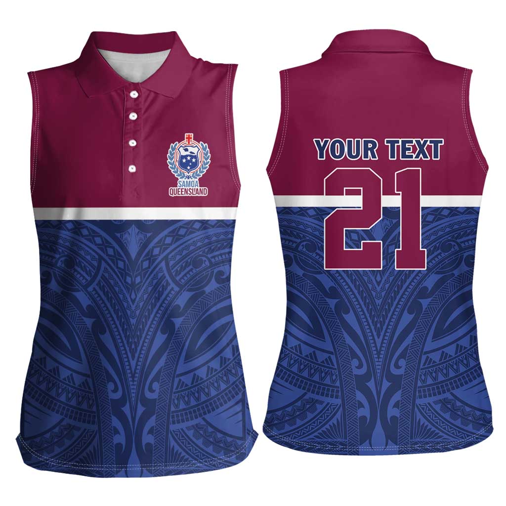 Queensland Samoa Custom Women Sleeveless Polo Shirt Maroon-Blue Pacific Polynesian Tribal Pattern