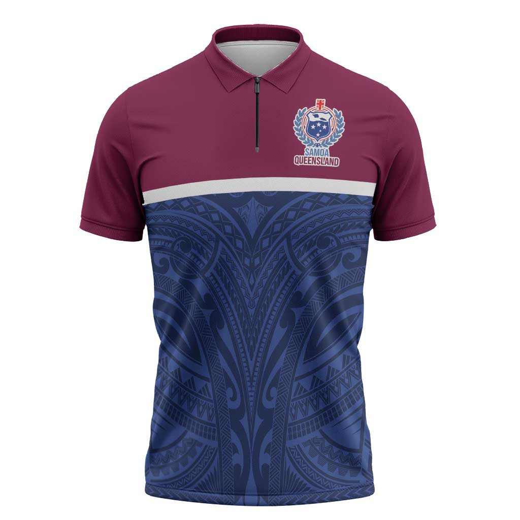 Queensland Samoa Custom Zipper Polo Shirt Maroon-Blue Pacific Polynesian Tribal Pattern LT9 Dark Blue - Polynesian Pride