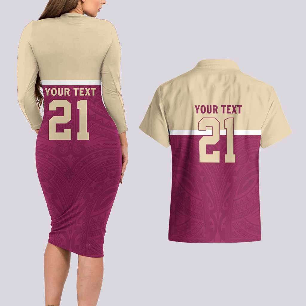 Queensland Samoa Custom Couples Matching Long Sleeve Bodycon Dress and Hawaiian Shirt Maroon Pacific Polynesian Tribal Pattern