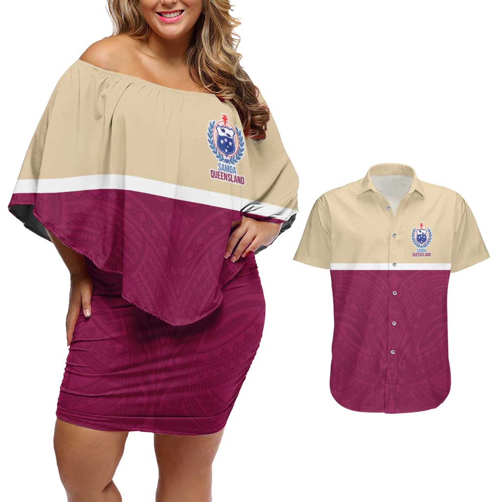 Queensland Samoa Custom Couples Matching Off Shoulder Short Dress and Hawaiian Shirt Maroon Pacific Polynesian Tribal Pattern