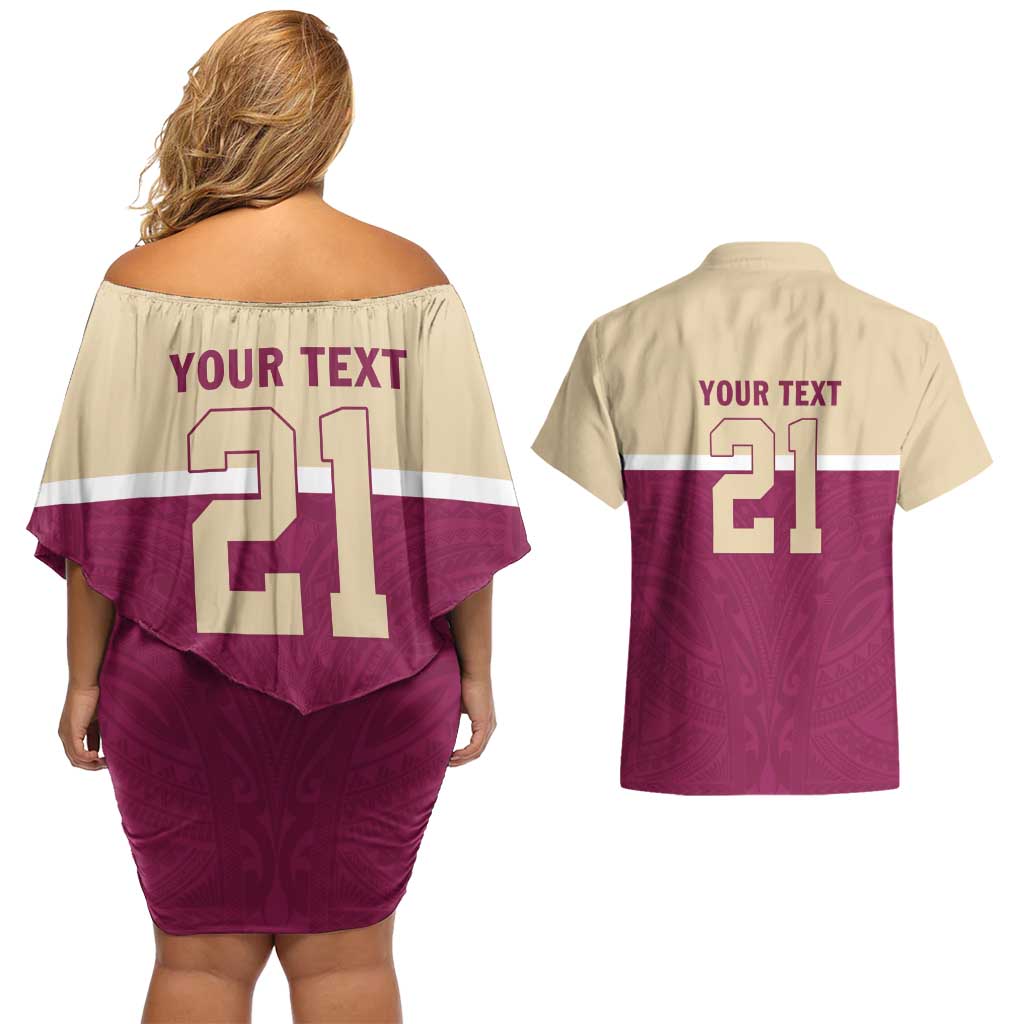 Queensland Samoa Custom Couples Matching Off Shoulder Short Dress and Hawaiian Shirt Maroon Pacific Polynesian Tribal Pattern