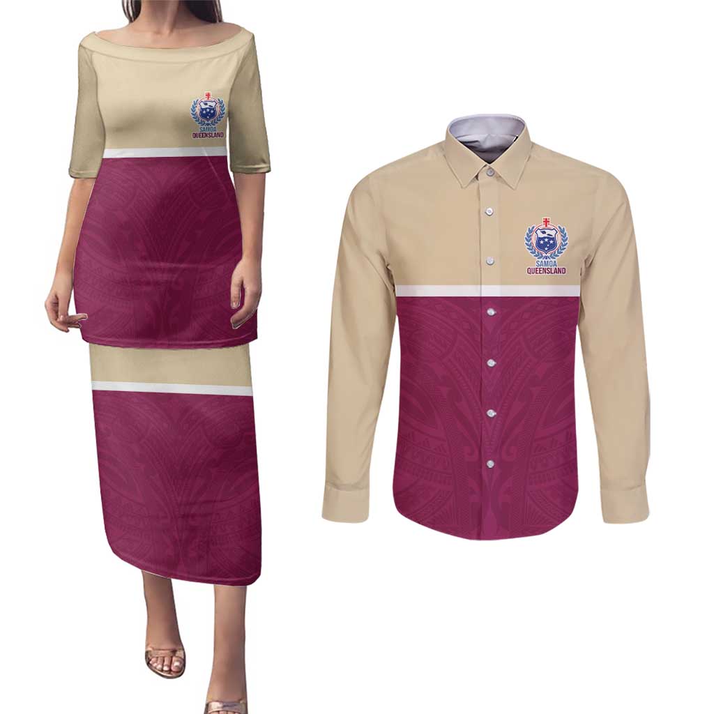 Queensland Samoa Custom Couples Matching Puletasi and Long Sleeve Button Shirt Maroon Pacific Polynesian Tribal Pattern
