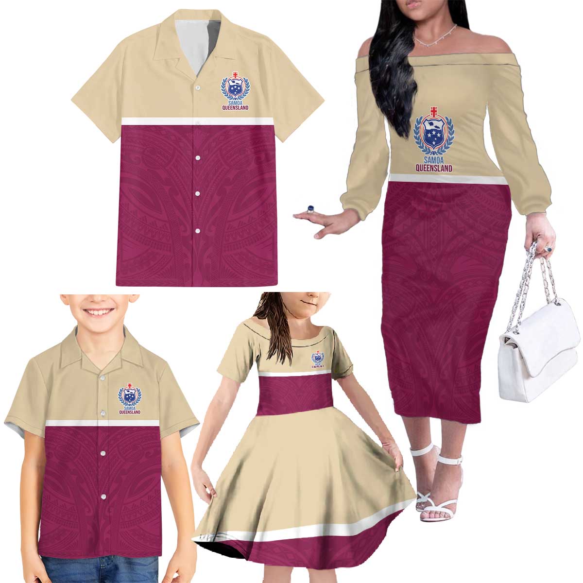Queensland Samoa Custom Family Matching Off The Shoulder Long Sleeve Dress and Hawaiian Shirt Maroon Pacific Polynesian Tribal Pattern