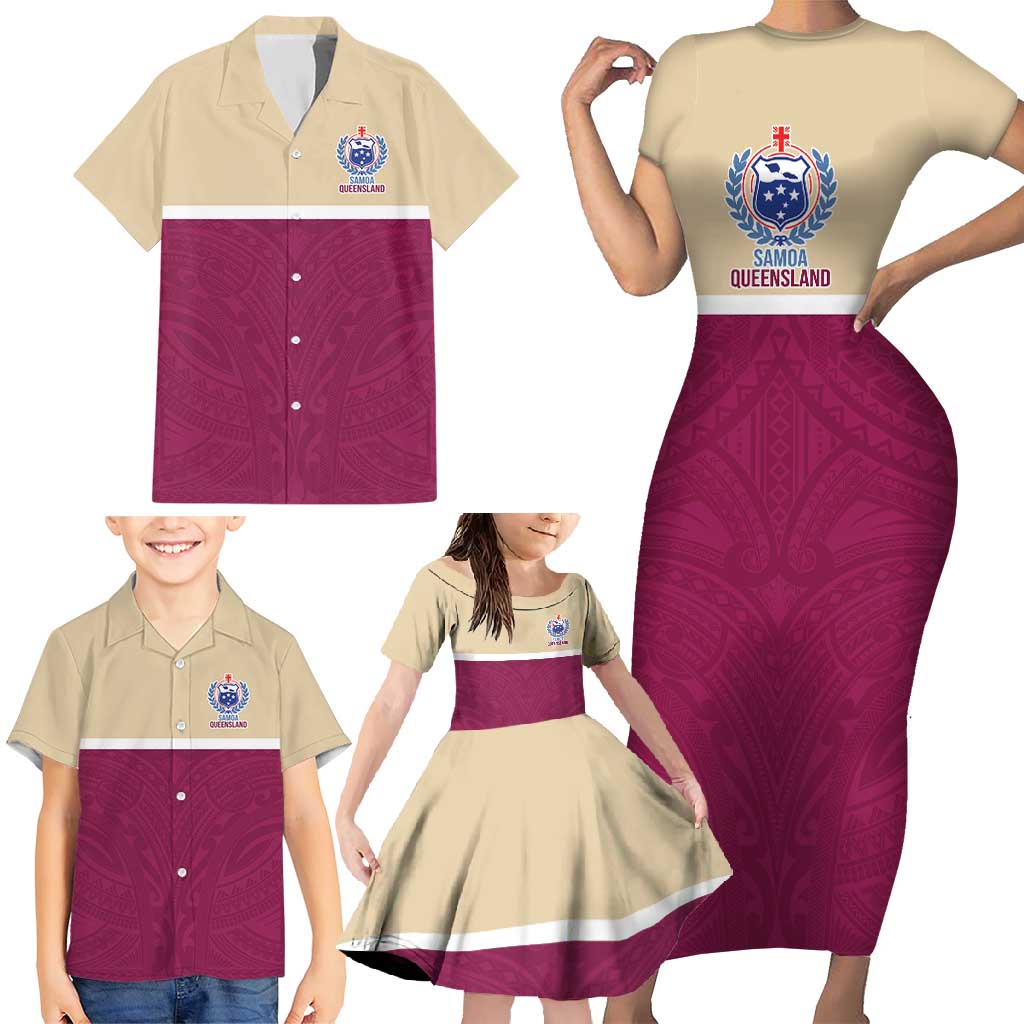 Queensland Samoa Custom Family Matching Short Sleeve Bodycon Dress and Hawaiian Shirt Maroon Pacific Polynesian Tribal Pattern