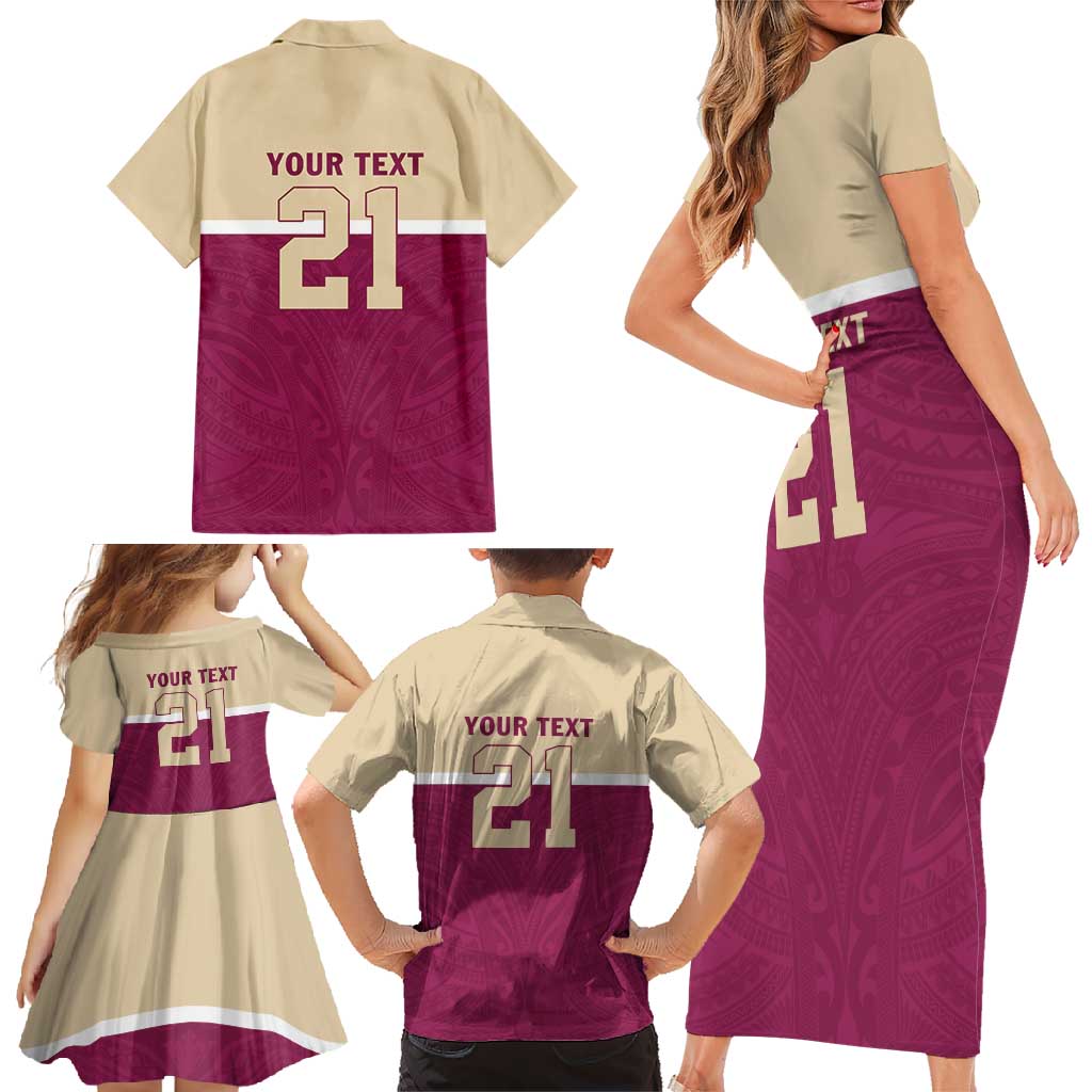 Queensland Samoa Custom Family Matching Short Sleeve Bodycon Dress and Hawaiian Shirt Maroon Pacific Polynesian Tribal Pattern