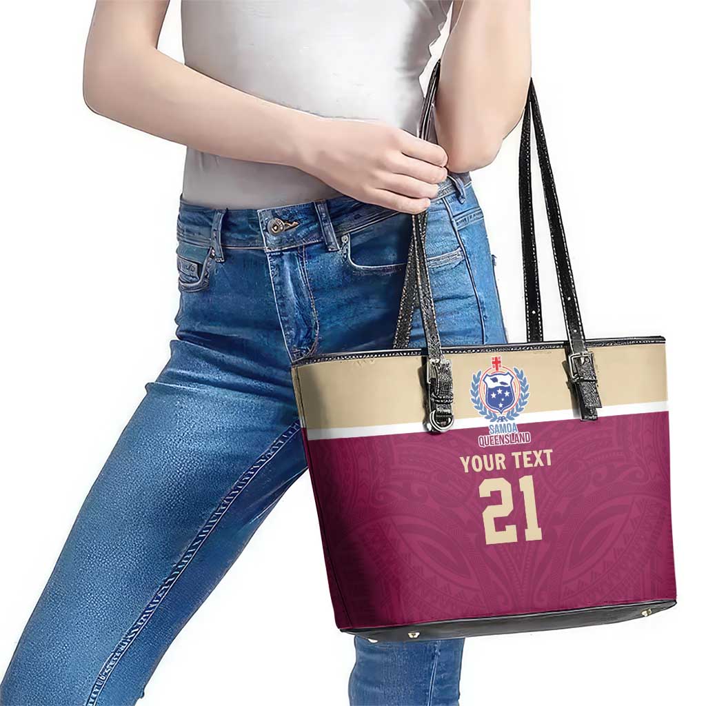 Queensland Samoa Custom Leather Tote Bag Maroon Pacific Polynesian Tribal Pattern