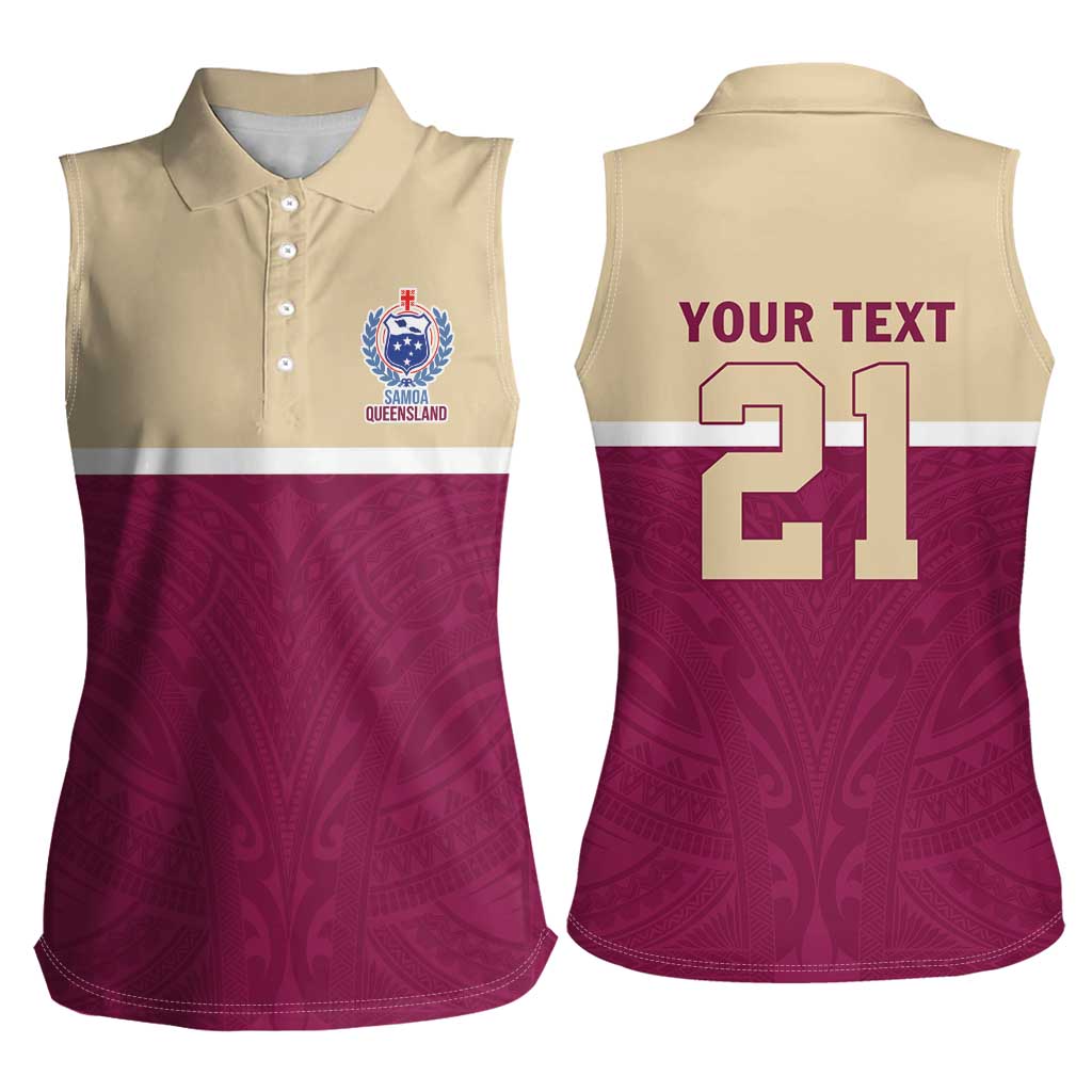 Queensland Samoa Custom Women Sleeveless Polo Shirt Maroon Pacific Polynesian Tribal Pattern