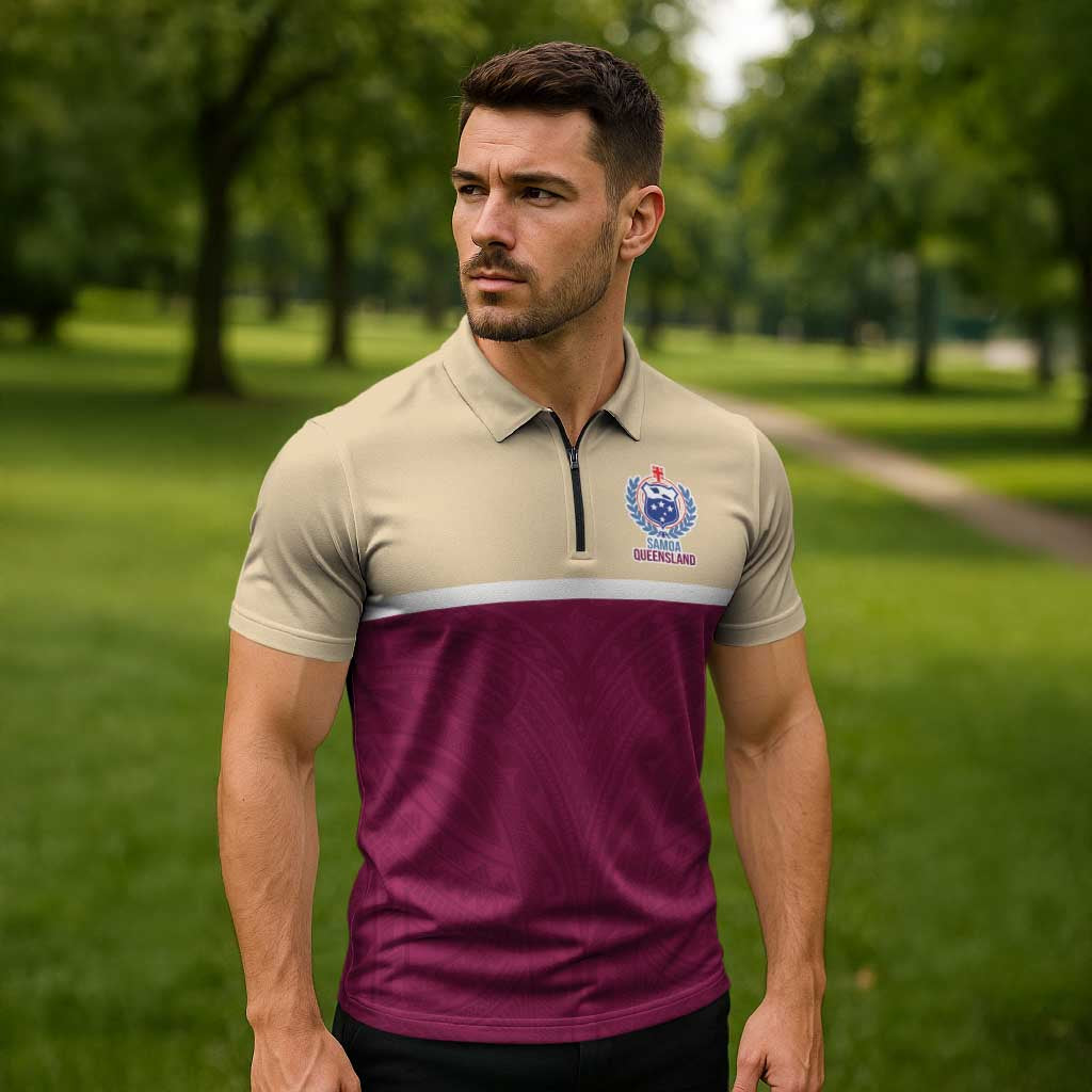 Queensland Samoa Custom Zipper Polo Shirt Maroon Pacific Polynesian Tribal Pattern LT9 - Polynesian Pride