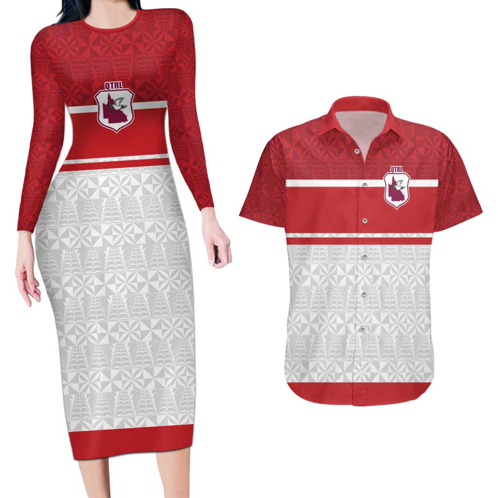 Queensland Tonga Custom Couples Matching Long Sleeve Bodycon Dress and Hawaiian Shirt QLD with Tongan Ngatu Pattern