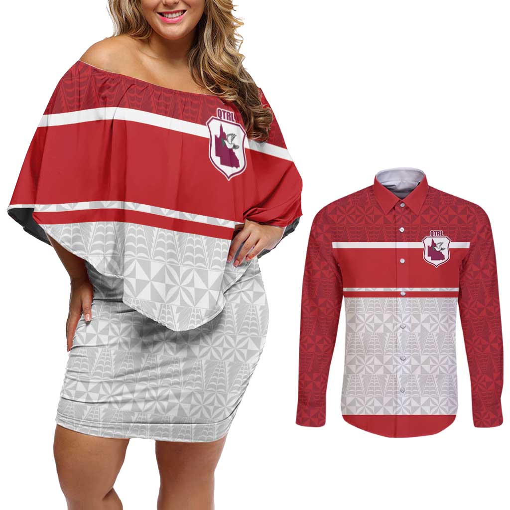 Queensland Tonga Custom Couples Matching Off Shoulder Short Dress and Long Sleeve Button Shirt QLD with Tongan Ngatu Pattern
