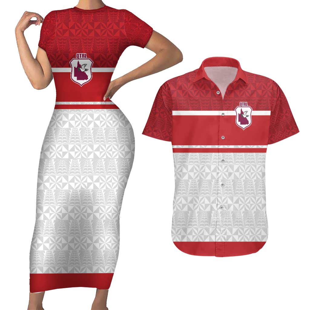 Queensland Tonga Custom Couples Matching Short Sleeve Bodycon Dress and Hawaiian Shirt QLD with Tongan Ngatu Pattern LT9 Red - Polynesian Pride