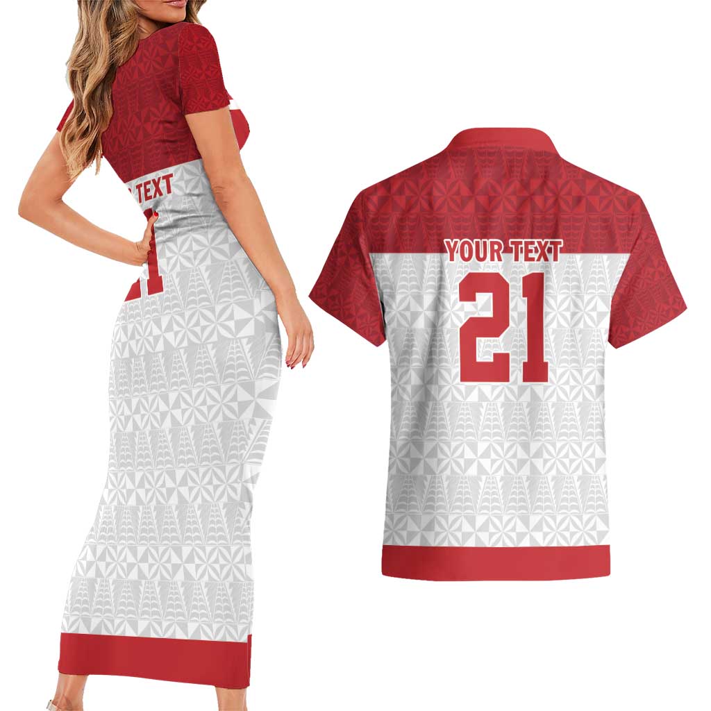 Queensland Tonga Custom Couples Matching Short Sleeve Bodycon Dress and Hawaiian Shirt QLD with Tongan Ngatu Pattern LT9 - Polynesian Pride