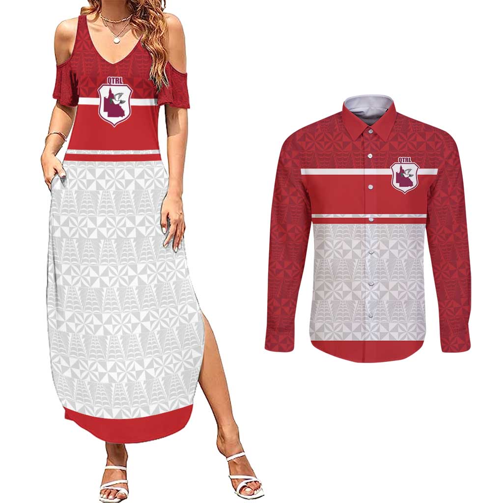 Queensland Tonga Custom Couples Matching Summer Maxi Dress and Long Sleeve Button Shirt QLD with Tongan Ngatu Pattern