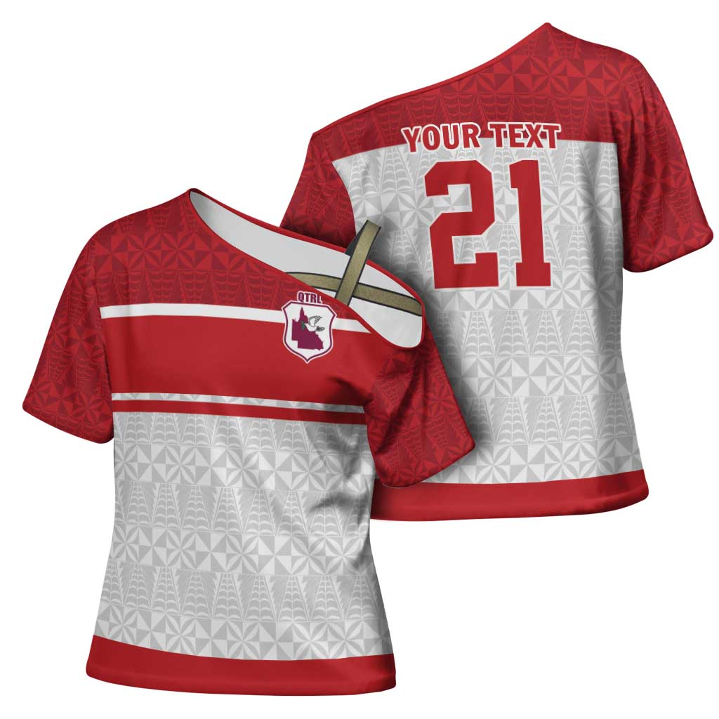 Queensland Tonga Custom Cross Shoulder Shirt QLD with Tongan Ngatu Pattern - Polynesian Pride
