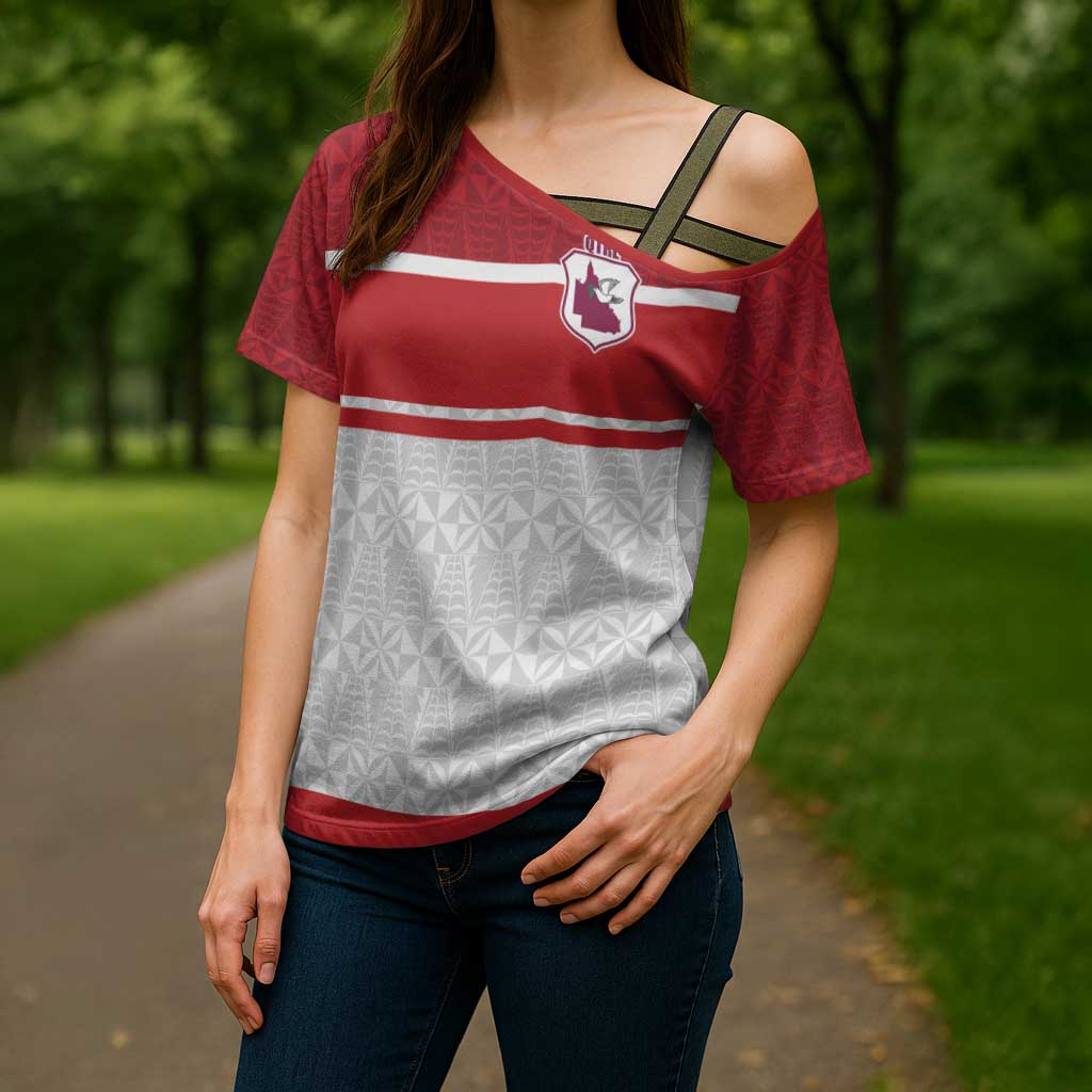 Queensland Tonga Custom Cross Shoulder Shirt QLD with Tongan Ngatu Pattern - Polynesian Pride