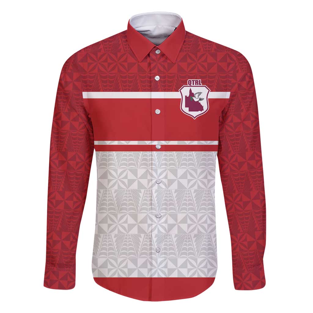 Queensland Tonga Custom Family Matching Mermaid Dress and Hawaiian Shirt QLD with Tongan Ngatu Pattern LT9 Dad's Shirt - Long Sleeve Red - Polynesian Pride