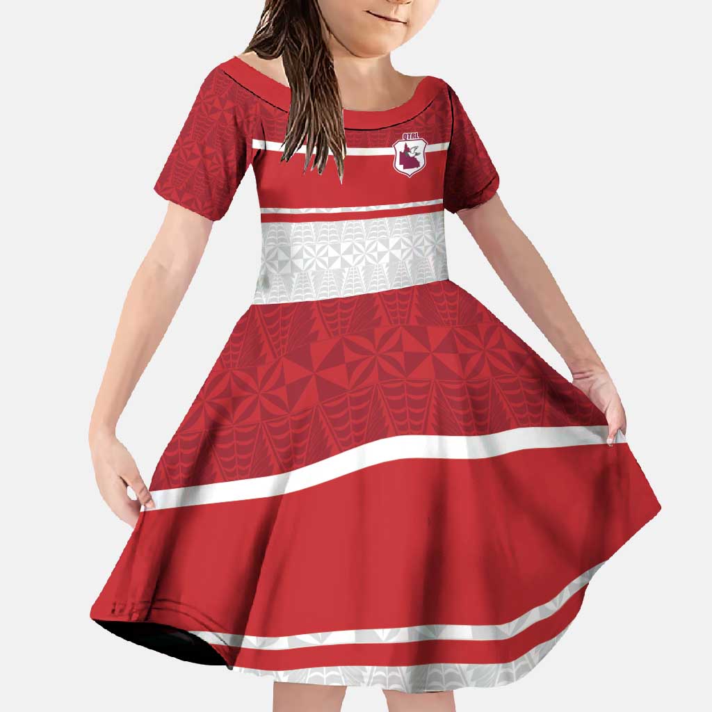 Queensland Tonga Custom Family Matching Summer Maxi Dress and Hawaiian Shirt QLD with Tongan Ngatu Pattern LT9 Daughter's Dress Red - Polynesian Pride