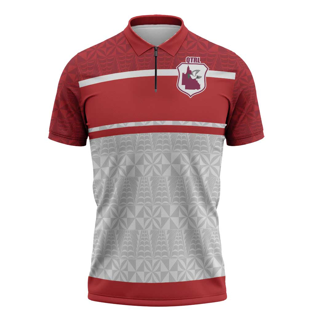 Queensland Tonga Custom Zipper Polo Shirt QLD with Tongan Ngatu Pattern LT9 Red - Polynesian Pride
