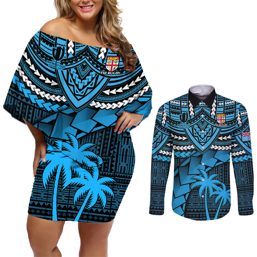 Fiji Rugby Couples Matching Off Shoulder Short Dress and Long Sleeve Button Shirts Go Fijian Tapa Arty with World Cup Vibe LT9 Blue - Polynesian Pride