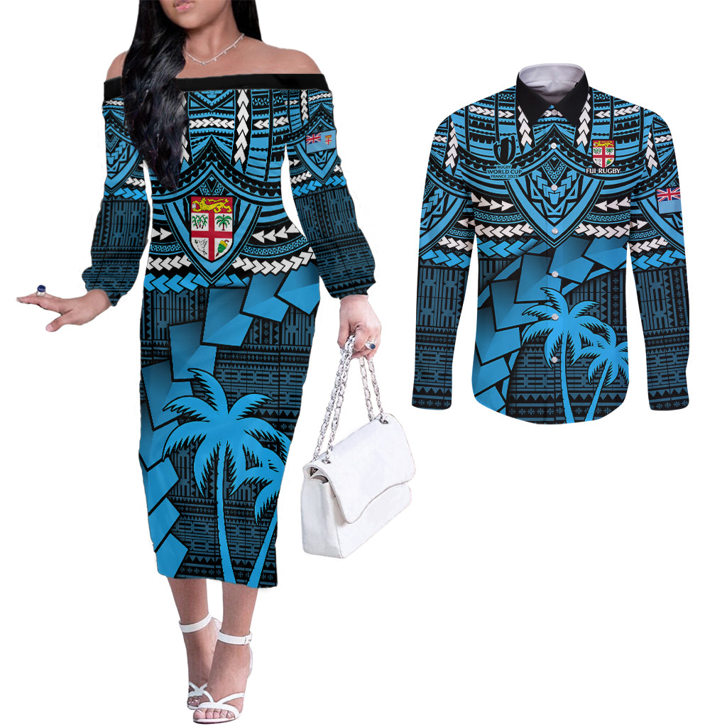 Fiji Rugby Couples Matching Off The Shoulder Long Sleeve Dress and Long Sleeve Button Shirts Go Fijian Tapa Arty with World Cup Vibe LT9 Blue - Polynesian Pride