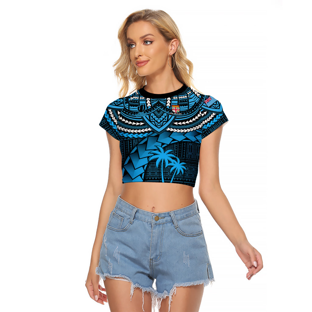 Fiji Rugby Raglan Cropped T Shirt Go Fijian Tapa Arty with World Cup Vibe LT9 Female Blue - Polynesian Pride
