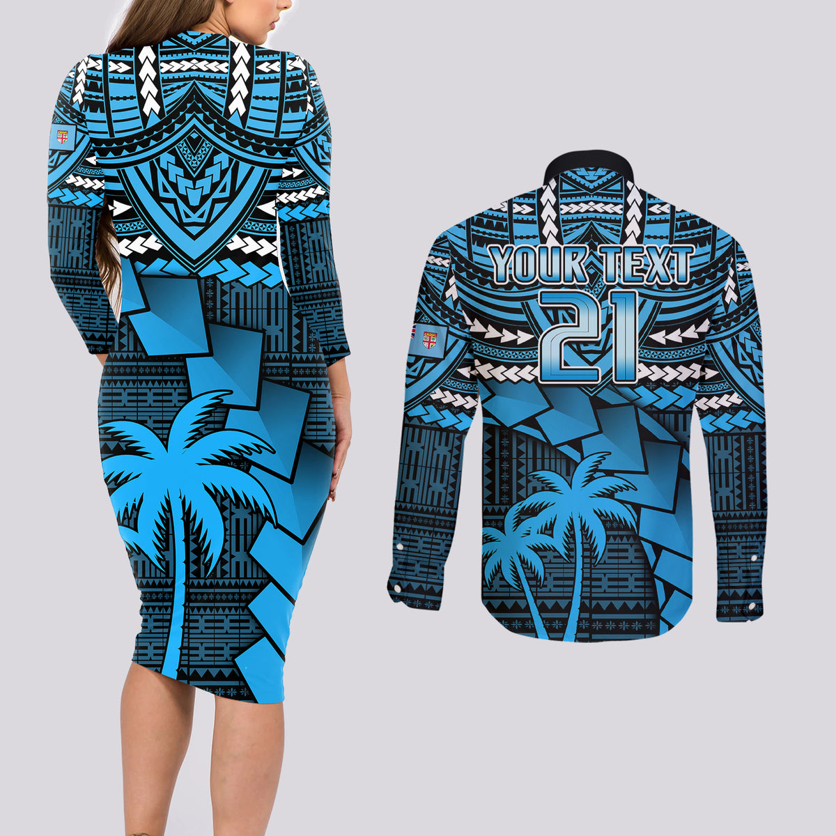 Custom Fiji Rugby Couples Matching Long Sleeve Bodycon Dress and Long Sleeve Button Shirts Go Fijian Tapa Arty with World Cup Vibe LT9 - Polynesian Pride