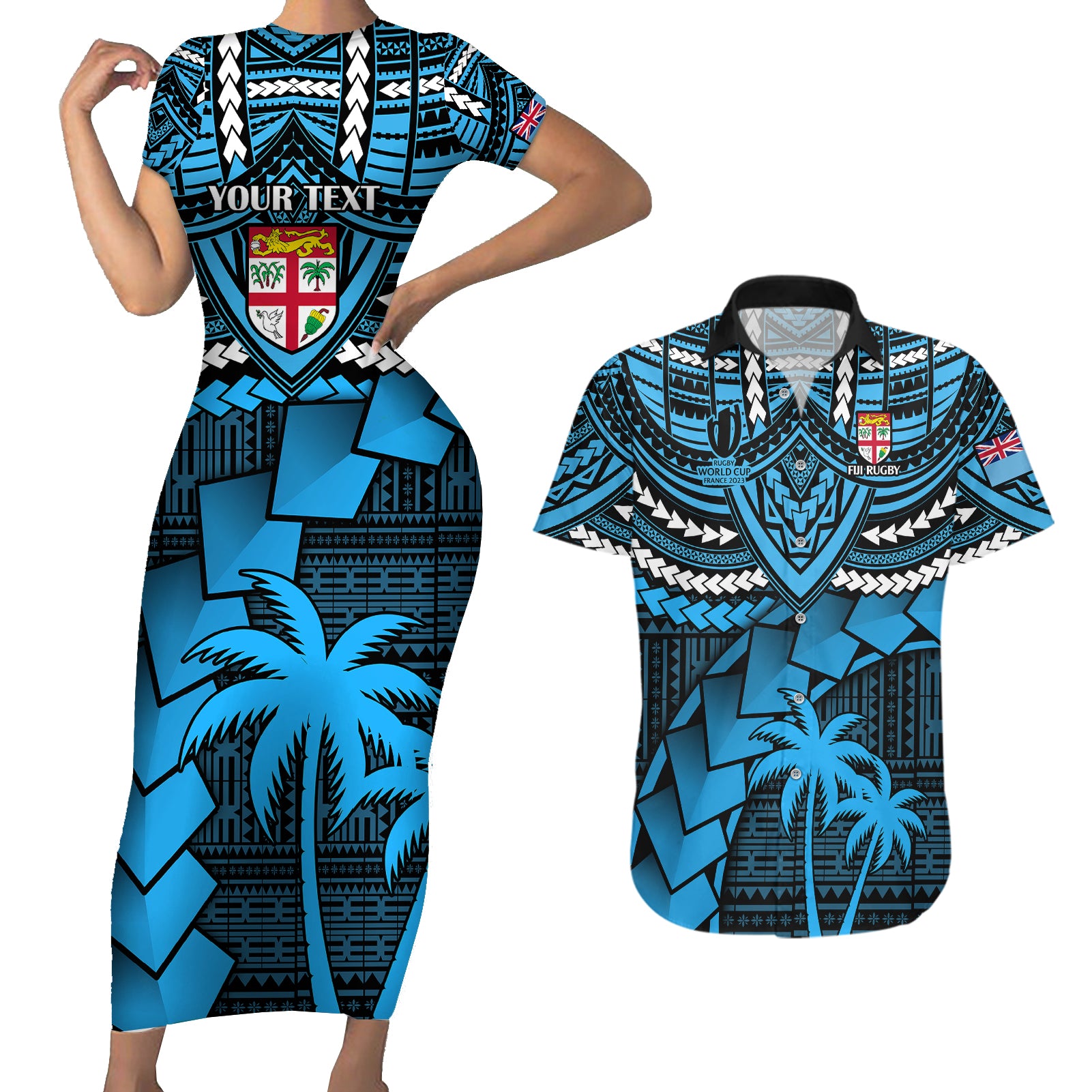 Custom Fiji Rugby Couples Matching Short Sleeve Bodycon Dress and Hawaiian Shirt Go Fijian Tapa Arty with World Cup Vibe LT9 Blue - Polynesian Pride