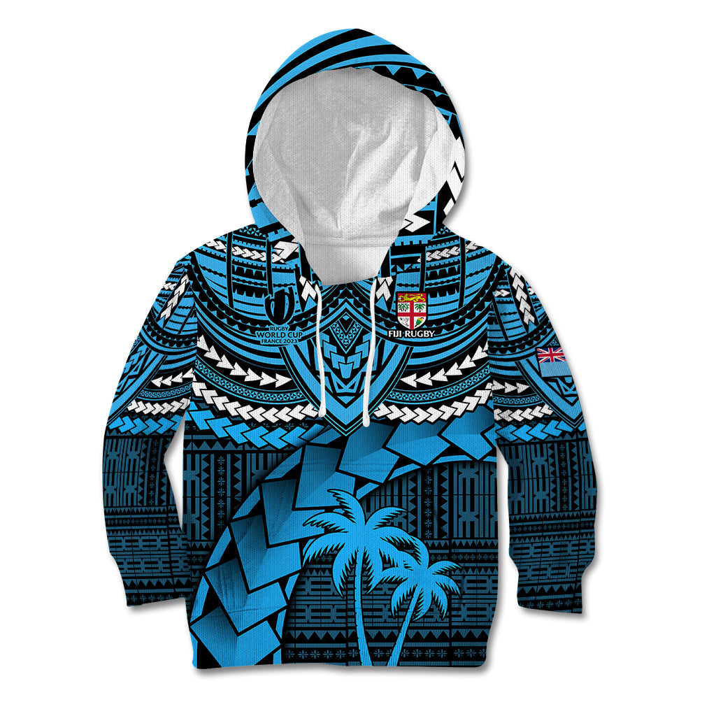 Custom Fiji Rugby Kid Hoodie Go Fijian Tapa Arty with World Cup Vibe LT9 Blue - Polynesian Pride