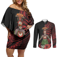 Huli Wigmen Tribe Hela Province Couples Matching Off Shoulder Short Dress and Long Sleeve Button Shirt Papua New Guinea Indigenous Pattern LT9 Black - Polynesian Pride