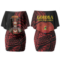 Huli Wigmen Tribe Hela Province Couples Matching Off Shoulder Short Dress and Long Sleeve Button Shirt Papua New Guinea Indigenous Pattern LT9 - Polynesian Pride