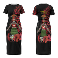 Huli Wigmen Tribe Hela Province Family Matching Short Sleeve Bodycon Dress and Hawaiian Shirt Papua New Guinea Indigenous Pattern LT9 Mom's Dress Black - Polynesian Pride