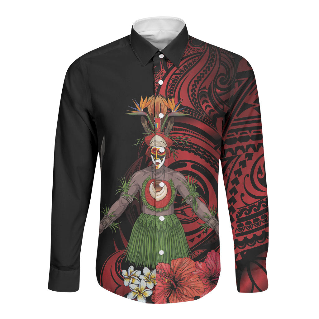 Huli Wigmen Tribe Hela Province Long Sleeve Button Shirt Papua New Guinea Indigenous Pattern LT9 Unisex Black - Polynesian Pride