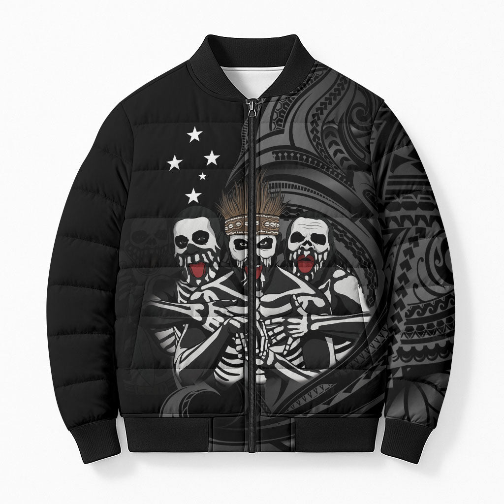 Skeleton Tribe Simbu Province Bomber Puffer Jacket Papua New Guinea Indigenous Pattern LT9 Unisex Black - Polynesian Pride