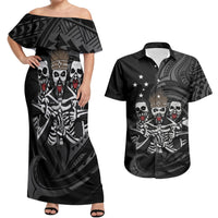 Skeleton Tribe Simbu Province Couples Matching Off Shoulder Maxi Dress and Hawaiian Shirt Papua New Guinea Indigenous Pattern LT9 Black - Polynesian Pride