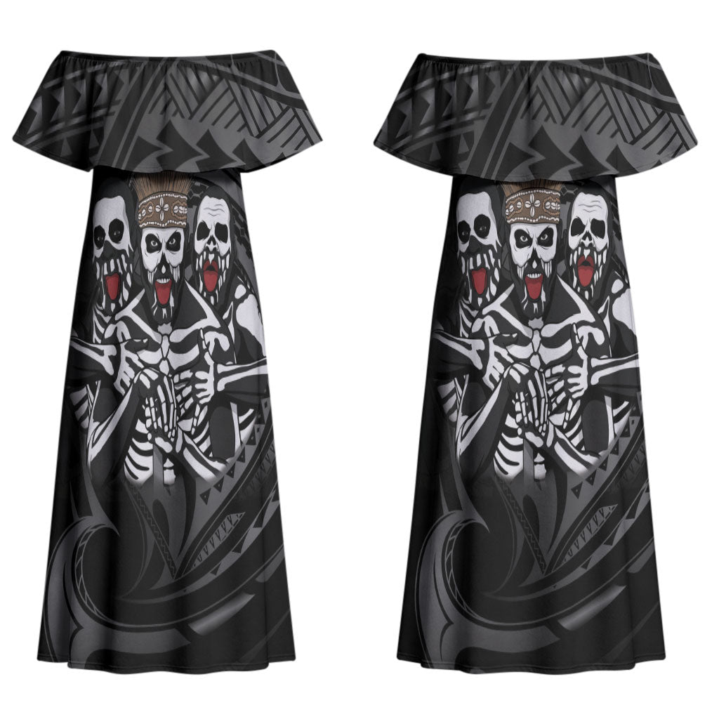 Skeleton Tribe Simbu Province Couples Matching Off Shoulder Maxi Dress and Hawaiian Shirt Papua New Guinea Indigenous Pattern LT9 - Polynesian Pride