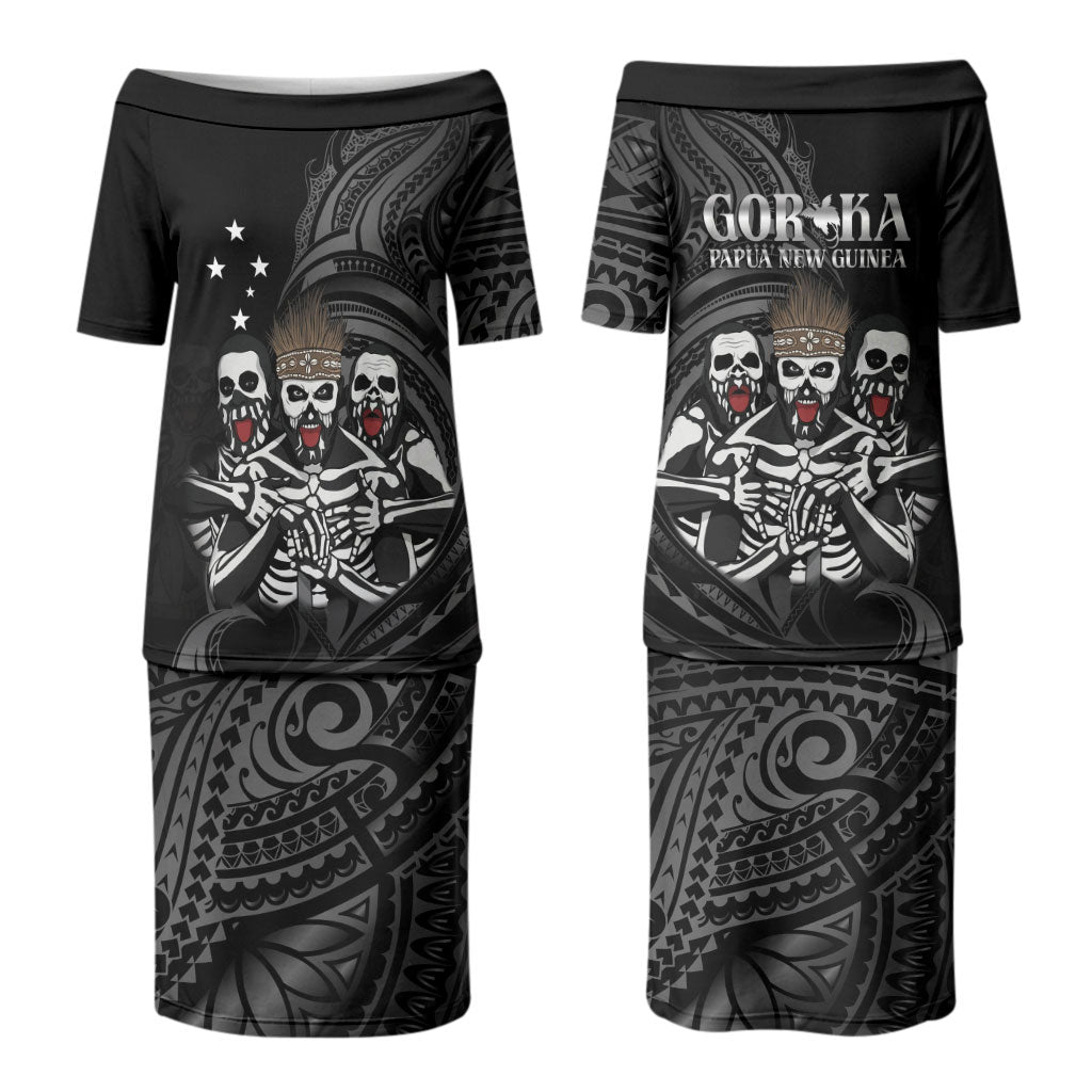 Skeleton Tribe Simbu Province Couples Matching Puletasi and Long Sleeve Button Shirt Papua New Guinea Indigenous Pattern LT9 - Polynesian Pride