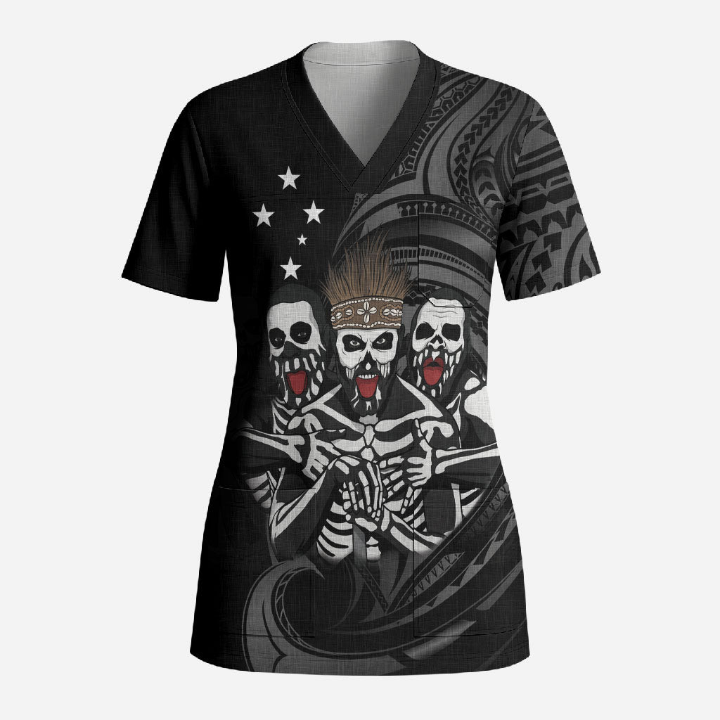 Skeleton Tribe Simbu Province Scrub Top Papua New Guinea Indigenous Pattern LT9 Adult Black - Polynesian Pride
