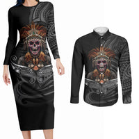 Mokomoko Tribe Eastern Highlands Province Couples Matching Long Sleeve Bodycon Dress and Long Sleeve Button Shirt Papua New Guinea Indigenous Pattern LT9 Black - Polynesian Pride