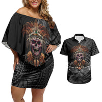 Mokomoko Tribe Eastern Highlands Province Couples Matching Off Shoulder Short Dress and Hawaiian Shirt Papua New Guinea Indigenous Pattern LT9 Black - Polynesian Pride