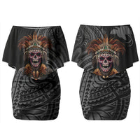 Mokomoko Tribe Eastern Highlands Province Couples Matching Off Shoulder Short Dress and Hawaiian Shirt Papua New Guinea Indigenous Pattern LT9 - Polynesian Pride